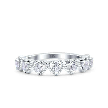 14K White Gold Half Eternity Heart Ring Wedding Engagement Round Pave Band Simulated CZ Size 7